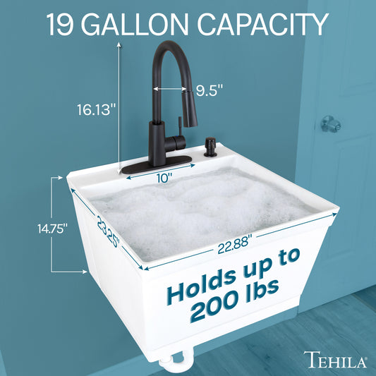 Tehila Standard Wall-Mounted White Utility Sink with Black Finish Pull-Down Faucet - view 2