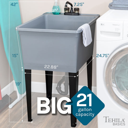Tehila Basics Freestanding Grey Utility Sink with Black Finish Dual Handle Utility Faucet - view 2
