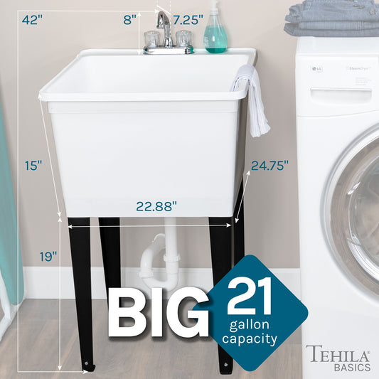 Tehila Basics Freestanding White Utility Sink with Chrome Finish Dual Handle Utility Faucet - view 2