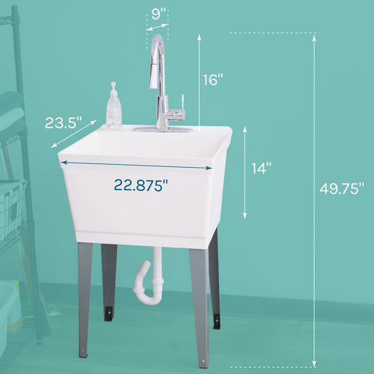 Tehila Standard Freestanding White Utility Sink with Chrome Finish High-Arc Pull-Down Faucet - view 2