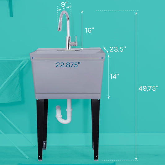 Tehila Standard Freestanding Grey Utility Sink with Chrome Finish High-Arc Pull-Down Faucet - view 2