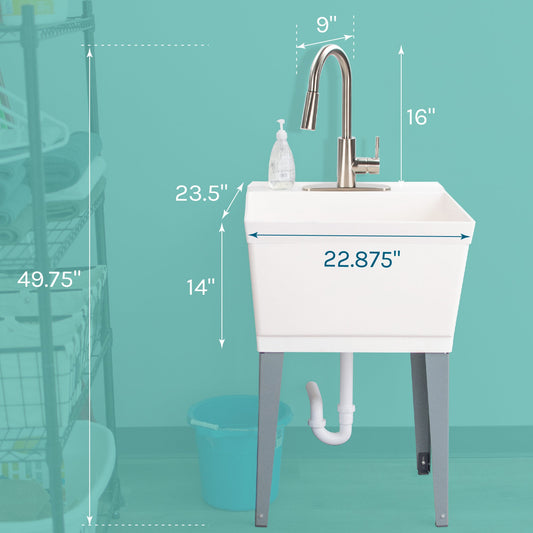 Tehila Standard Freestanding White Utility Sink with Stainless Steel Finish High-Arc Pull-Down Faucet - view 2