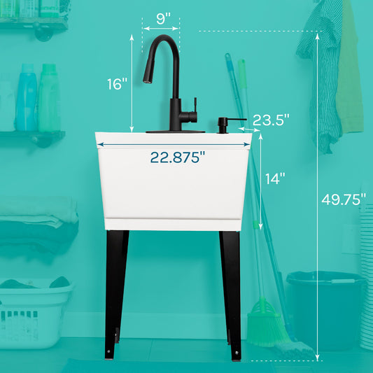 Tehila Standard Freestanding White Utility Sink with Black Finish High-Arc Pull-Down Faucet and Soap Dispenser - view 2