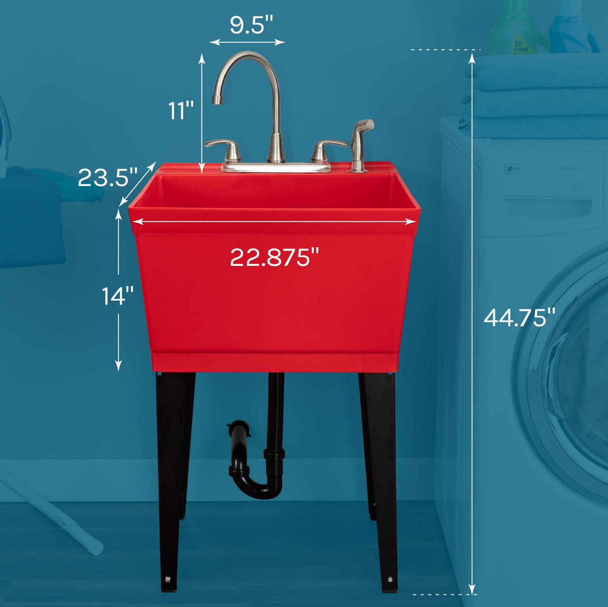 Tehila Standard Freestanding Red Utility Sink with Black Legs and Stainless Steel Finish Wide-set Gooseneck Faucet with Side Sprayer - view 2
