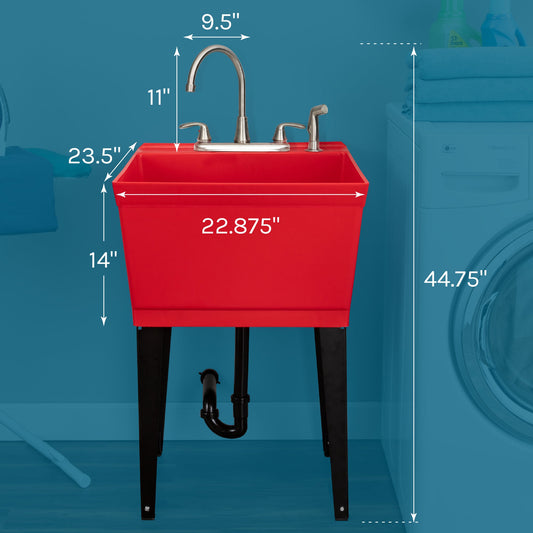 Tehila Standard Freestanding Red Utility Sink with Black Legs and Stainless Steel Finish Wide-set Gooseneck Faucet with Side Sprayer - view 2