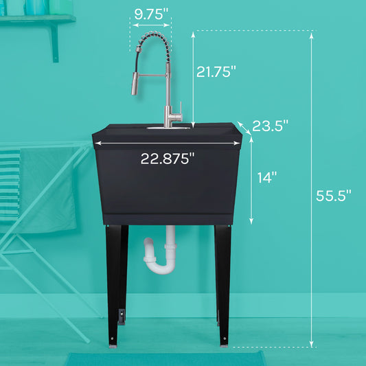 Tehila Standard Freestanding Black Utility Sink with Stainless Steel Finish High-Arc Coil Pull-Down Faucet - view 2