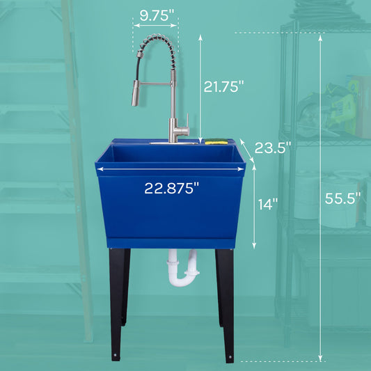 Tehila Standard Freestanding Blue Utility Sink with Stainless Steel Finish High-Arc Coil Pull-Down Faucet - view 2