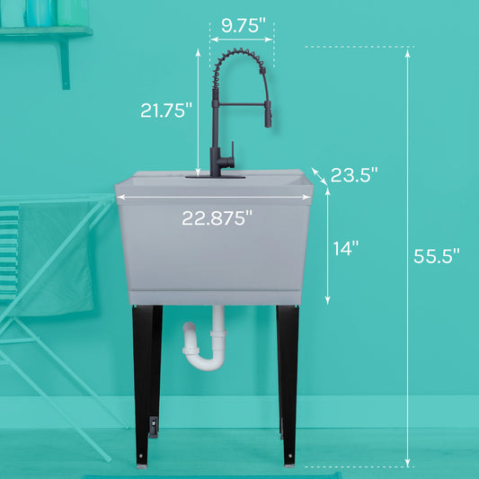 Tehila Standard Freestanding Grey Utility Sink with Black Finish High-Arc Coil Pull-Down Faucet - view 2