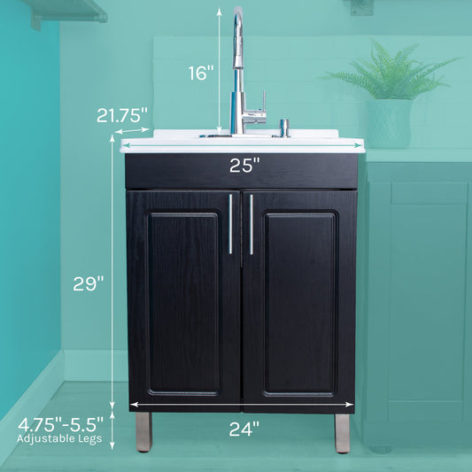 Tehila Black Vanity Cabinet and White Utility Sink with Chrome Finish High-Arc Pull-Down Faucet - view 2
