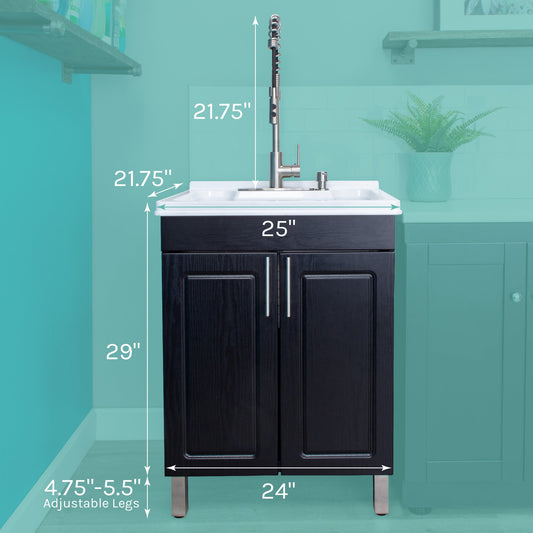 Tehila Black Vanity Cabinet and White Utility Sink with Stainless Steel Finish High-Arc Coil Pull-Down Faucet - view 2
