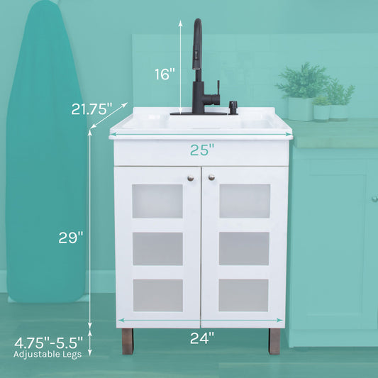 Tehila White Vanity Cabinet and White Utility Sink with Black Finish High-Arc Pull-Down Faucet - view 2