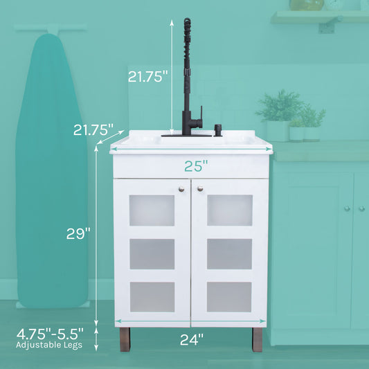 Tehila White Vanity Cabinet and White Utility Sink with Black Finish High-Arc Coil Pull-Down Faucet - view 2