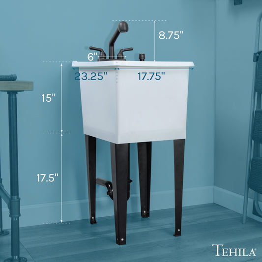 Tehila Space Saver Freestanding White Utility Sink with Black Finish Pull-Out Faucet - view 2