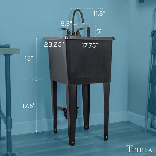 Tehila Space Saver Freestanding Black Utility Sink with Black Finish Gooseneck Faucet and Side Sprayer - view 2