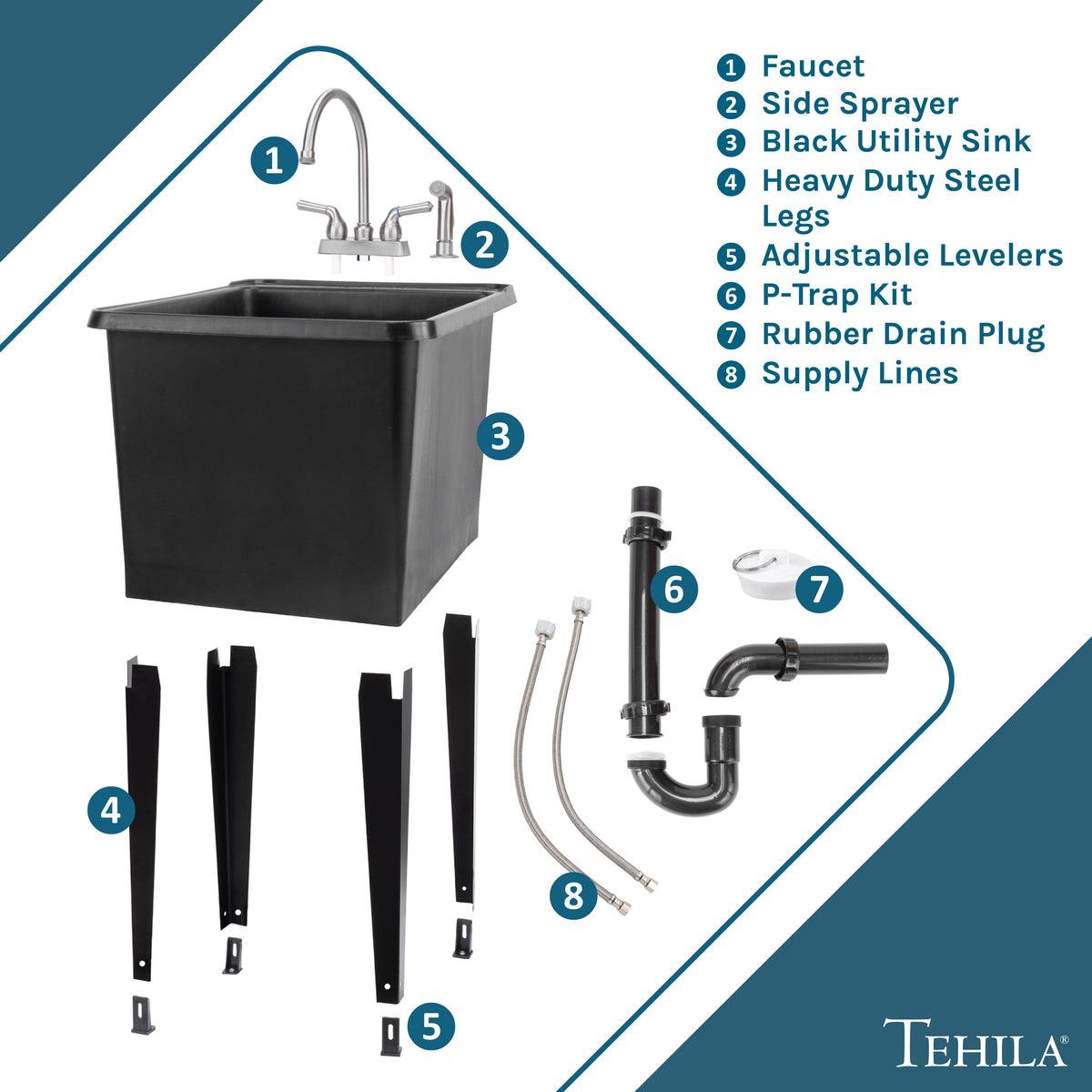 Tehila Space Saver Freestanding Black Utility Sink with Stainless Steel Finish Gooseneck Faucet and Side Sprayer - view 9