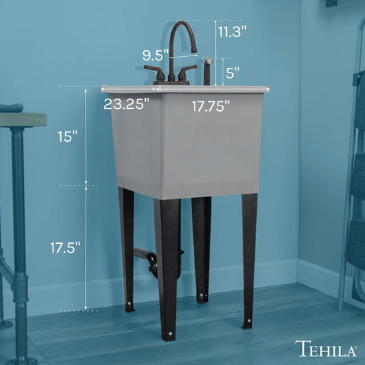 Tehila Space Saver Freestanding Grey Utility Sink with Black Finish Gooseneck Faucet and Side Sprayer - view 2