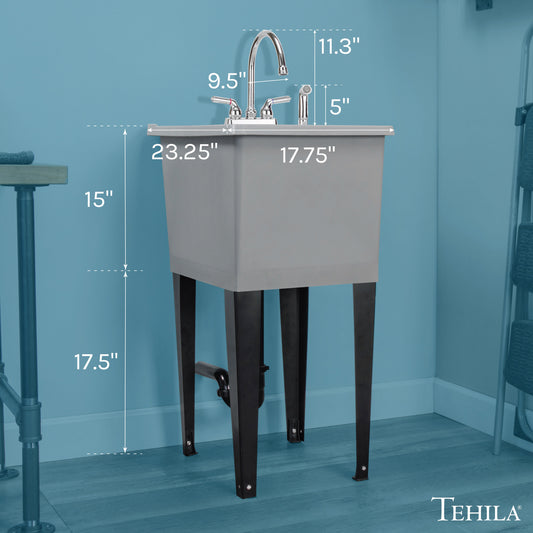 Tehila Space Saver Freestanding Grey Utility Sink with Chrome Finish Gooseneck Faucet and Side Sprayer - view 2