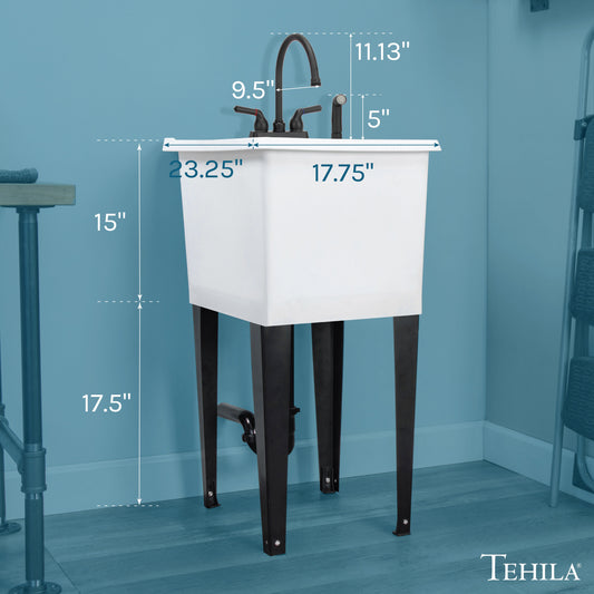 Tehila Space Saver Freestanding White Utility Sink with Black Finish Gooseneck Faucet and Side Sprayer - view 2