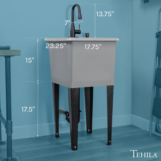 Tehila Space Saver Freestanding Grey Utility Sink with Black Finish Low-Profile Pull-Down Faucet - view 2