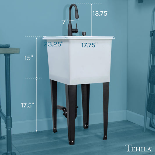 Tehila Space Saver Freestanding White Utility Sink with Black Finish Low-Profile Pull-Down Faucet - view 2