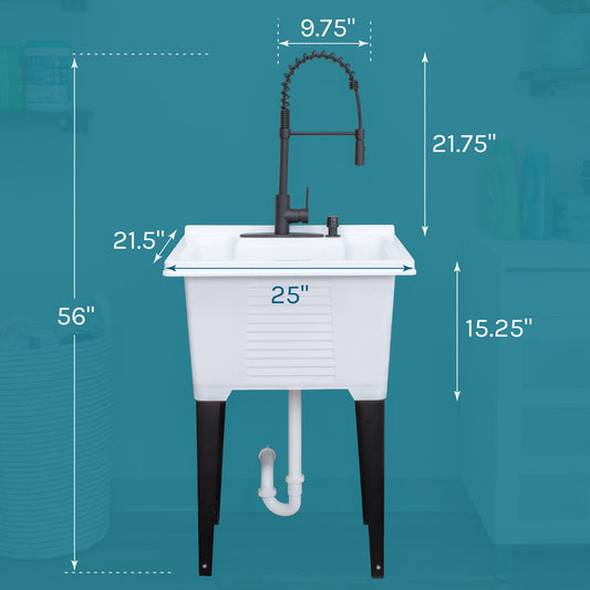 Tehila Luxe Freestanding White Utility Sink with Black Finish High-Arc Coil Pull-Down Faucet - view 2