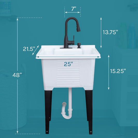 Tehila Luxe Freestanding White Utility Sink with Black Finish Low-Profile Pull-Down Faucet - view 2