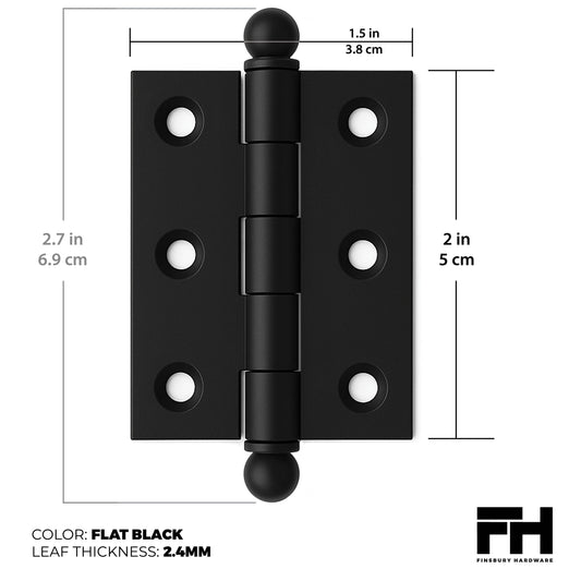 2" x 1-1/2" Cabinet Hinge, w/ Ball Tips, Solid Brass - Matte Black - view 2