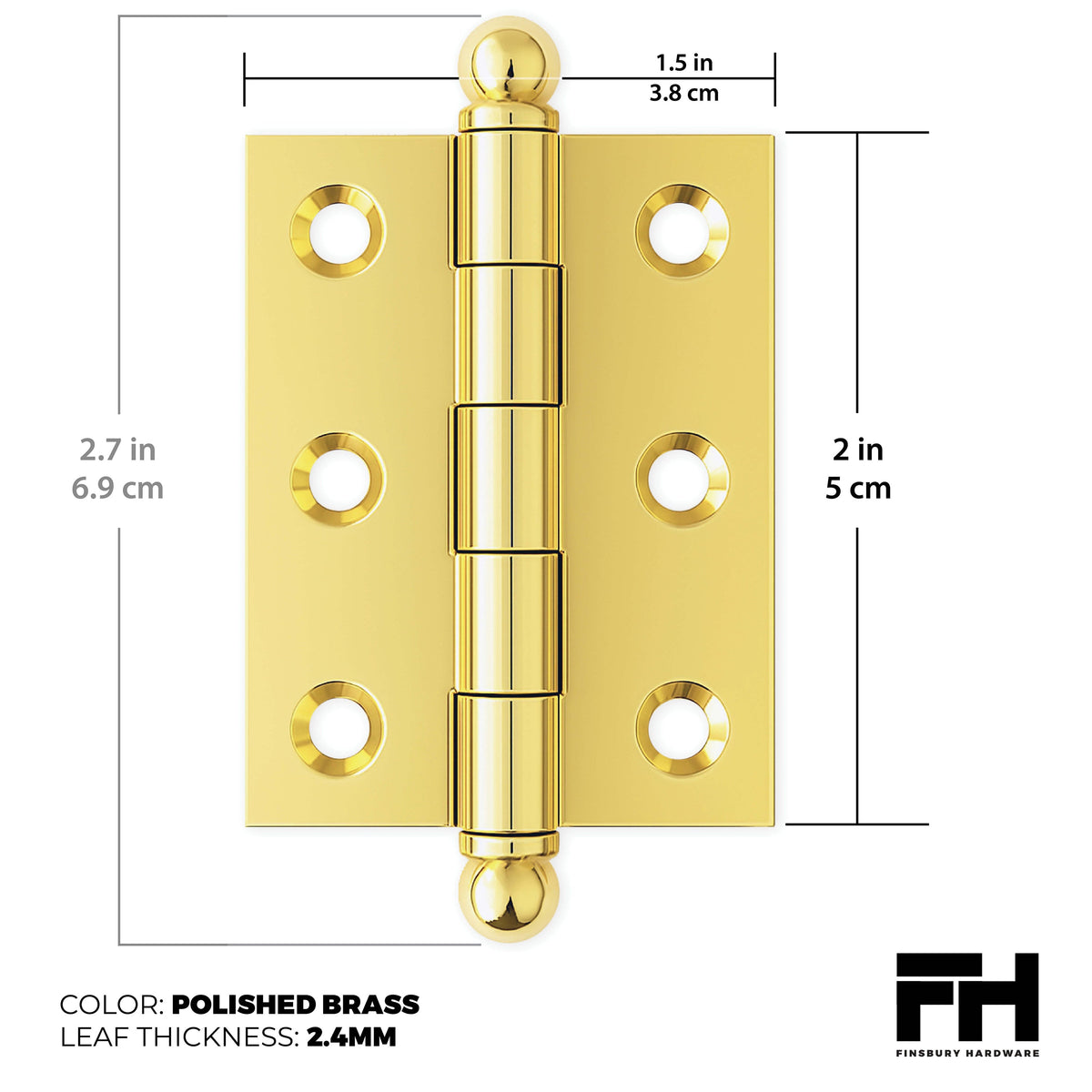 2" x 1-1/2" Cabinet Hinge, w/ Ball Tips, Solid Brass - Non Lacquered Polished Brass - 1 Pair - view 2