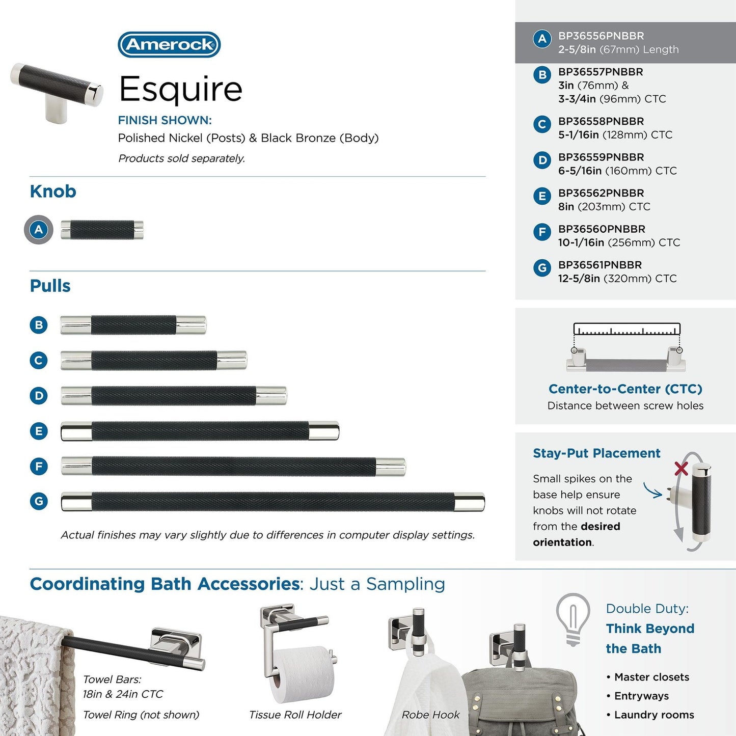 Amerock BP36556NBBR Esquire Cabinet Knob Polished Nickel/Black 2-5/8" Length