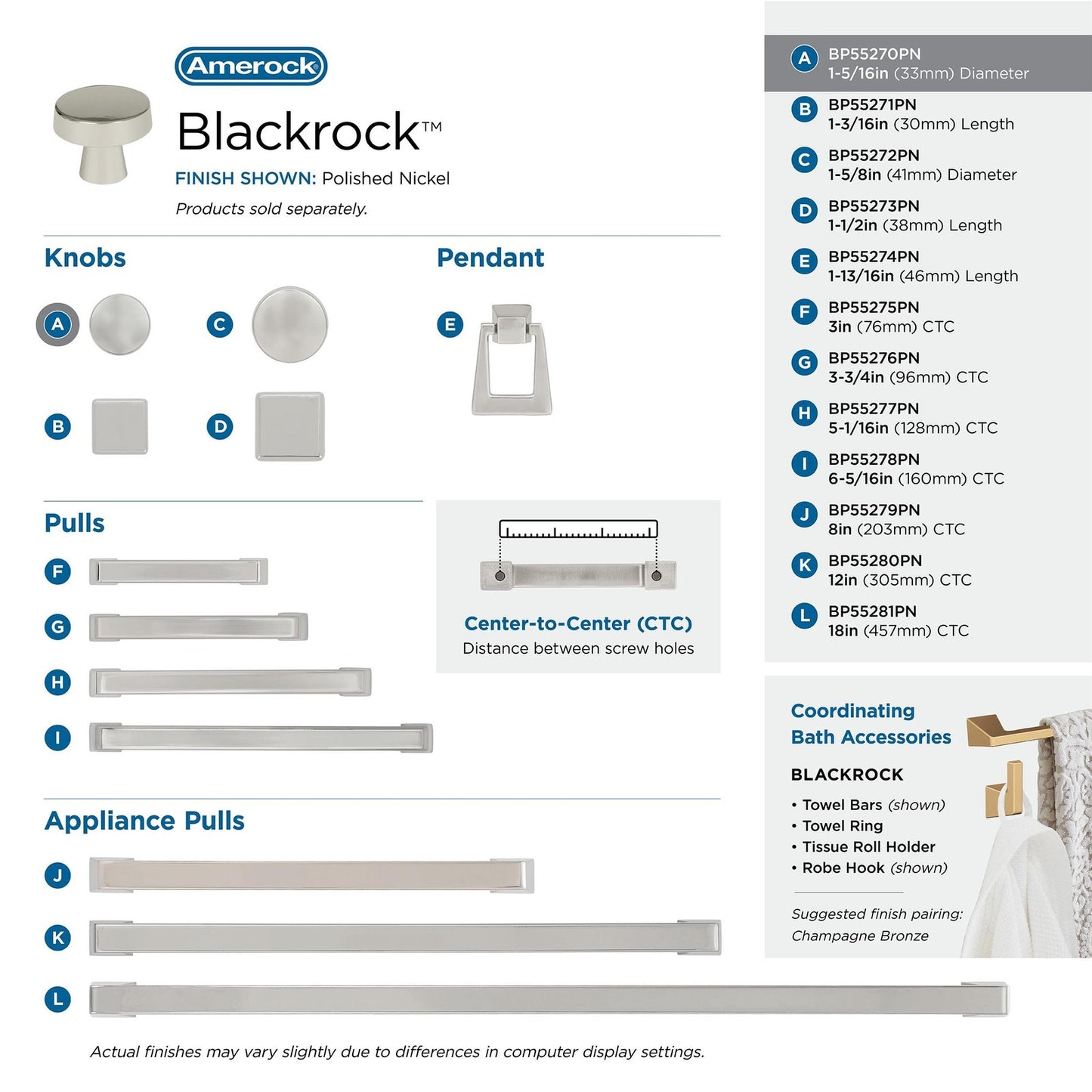 Amerock 55270-PN Blackrock Cabinet Knob Polished Nickel 1-1/3" Diameter