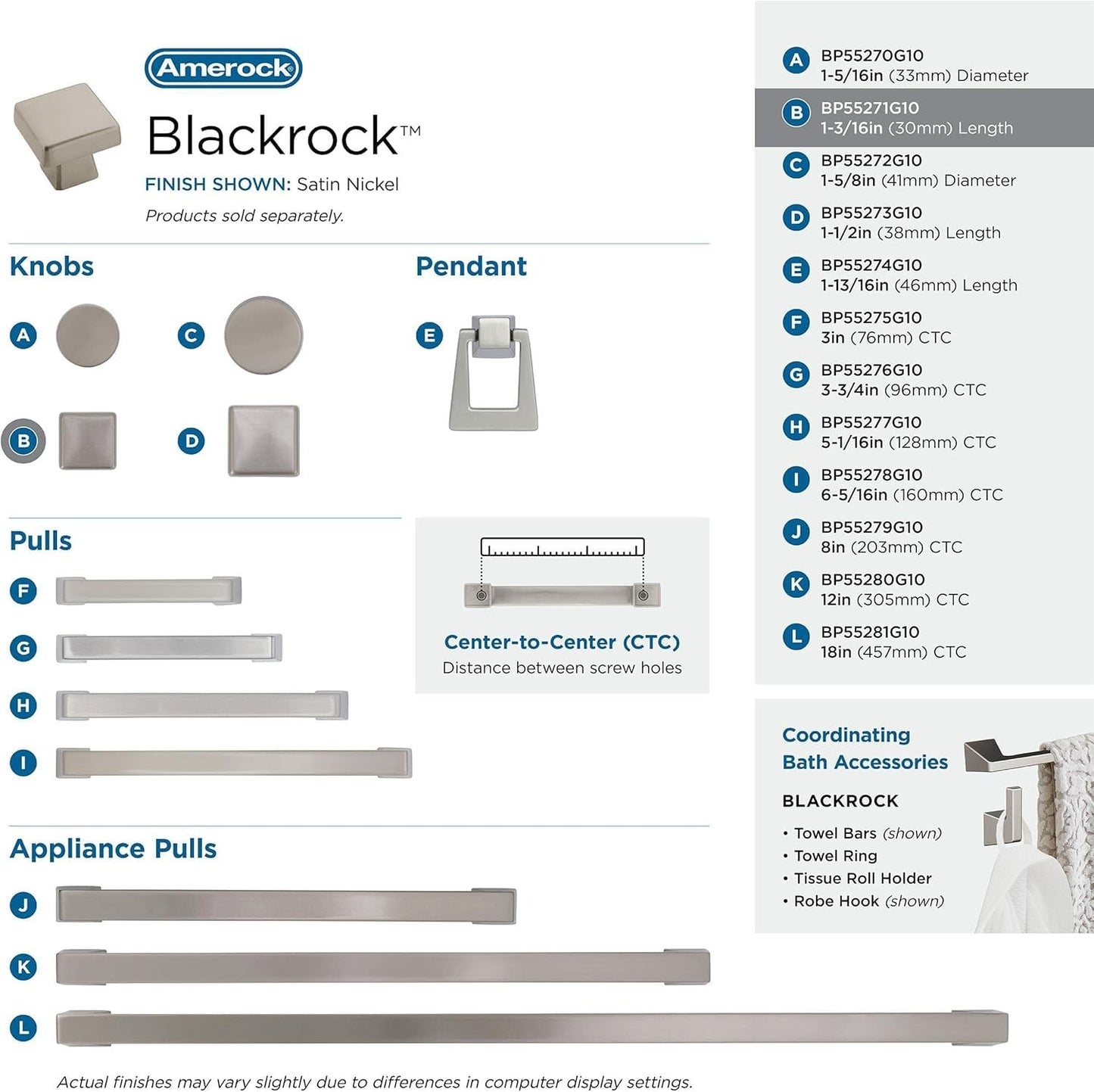 Amerock BP55271 Blackrock Cabinet Knob Satin Nickel 1-3/16" Length