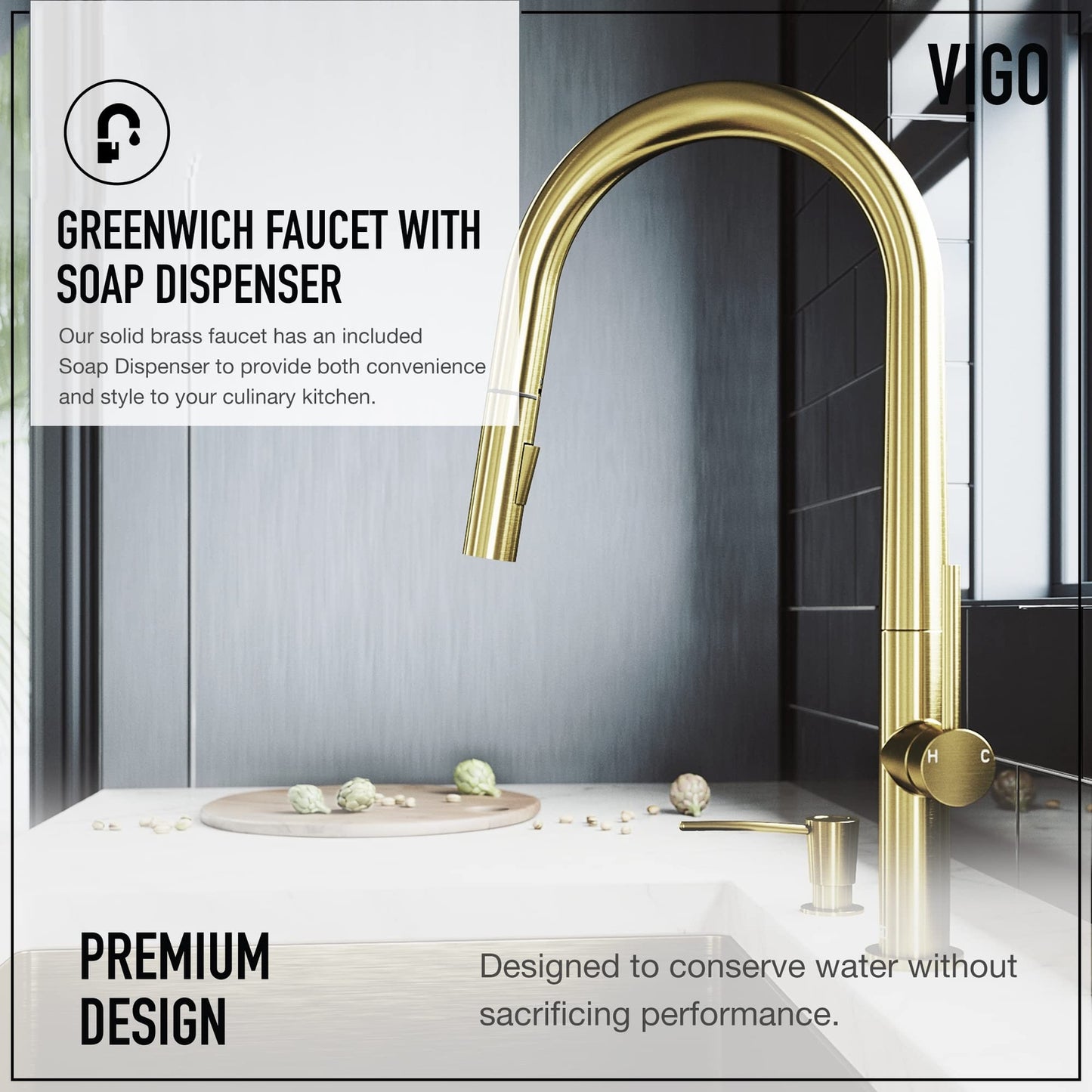 VIGO Greenwich 18'' H Single Handle Pull-Down Sprayer Set with Soap Dispenser