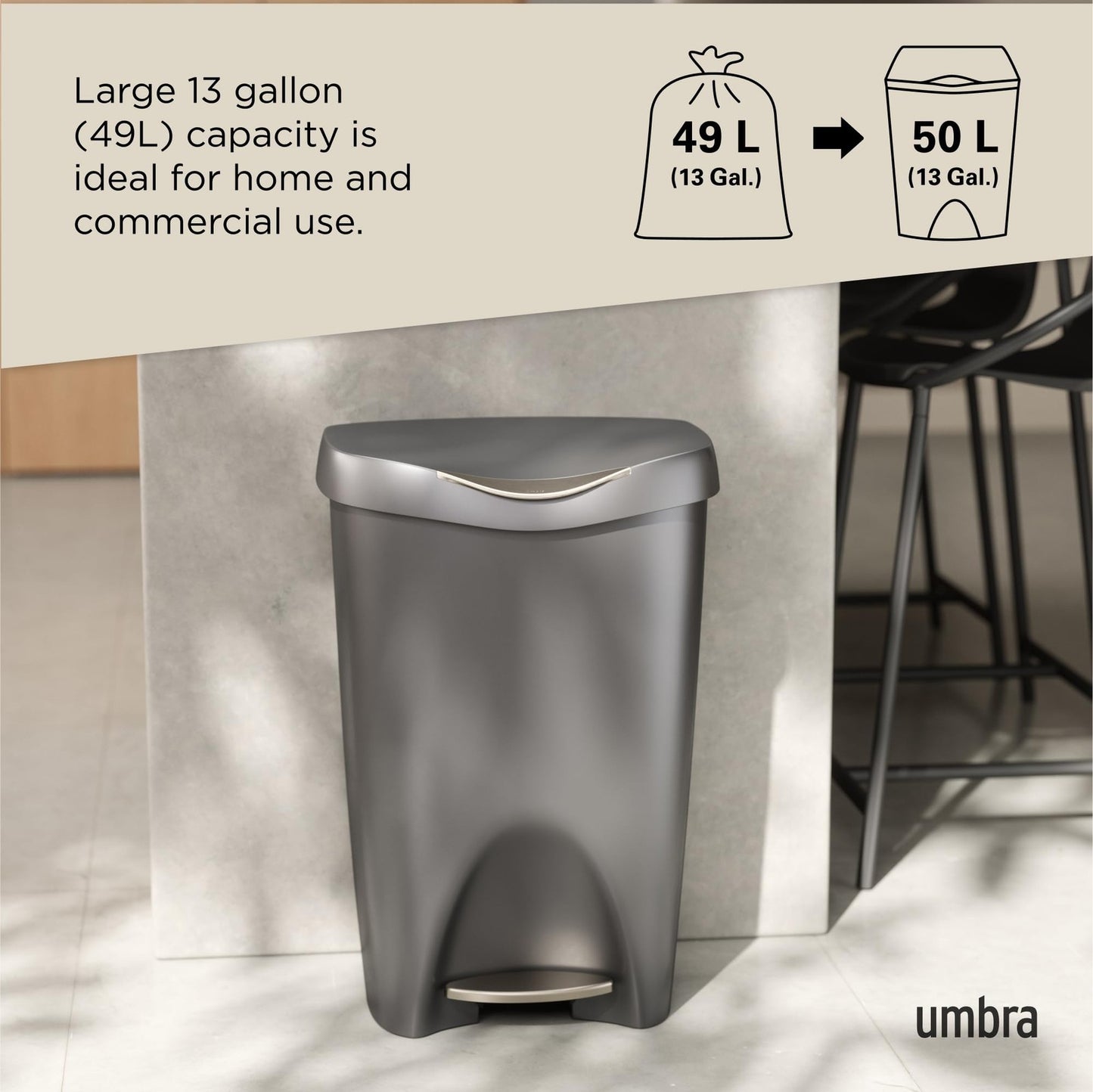 Umbra Brim 084200-410 13 Gal Trash Can Stainless Steel Foot Pedal Silver/Nickel