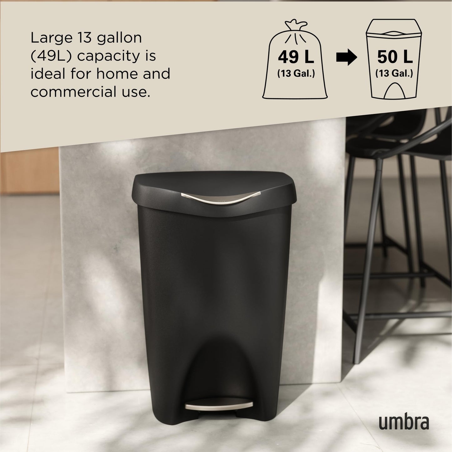 Umbra 084200-047 Brim Step On Trash Can, Black, 13 Gallon