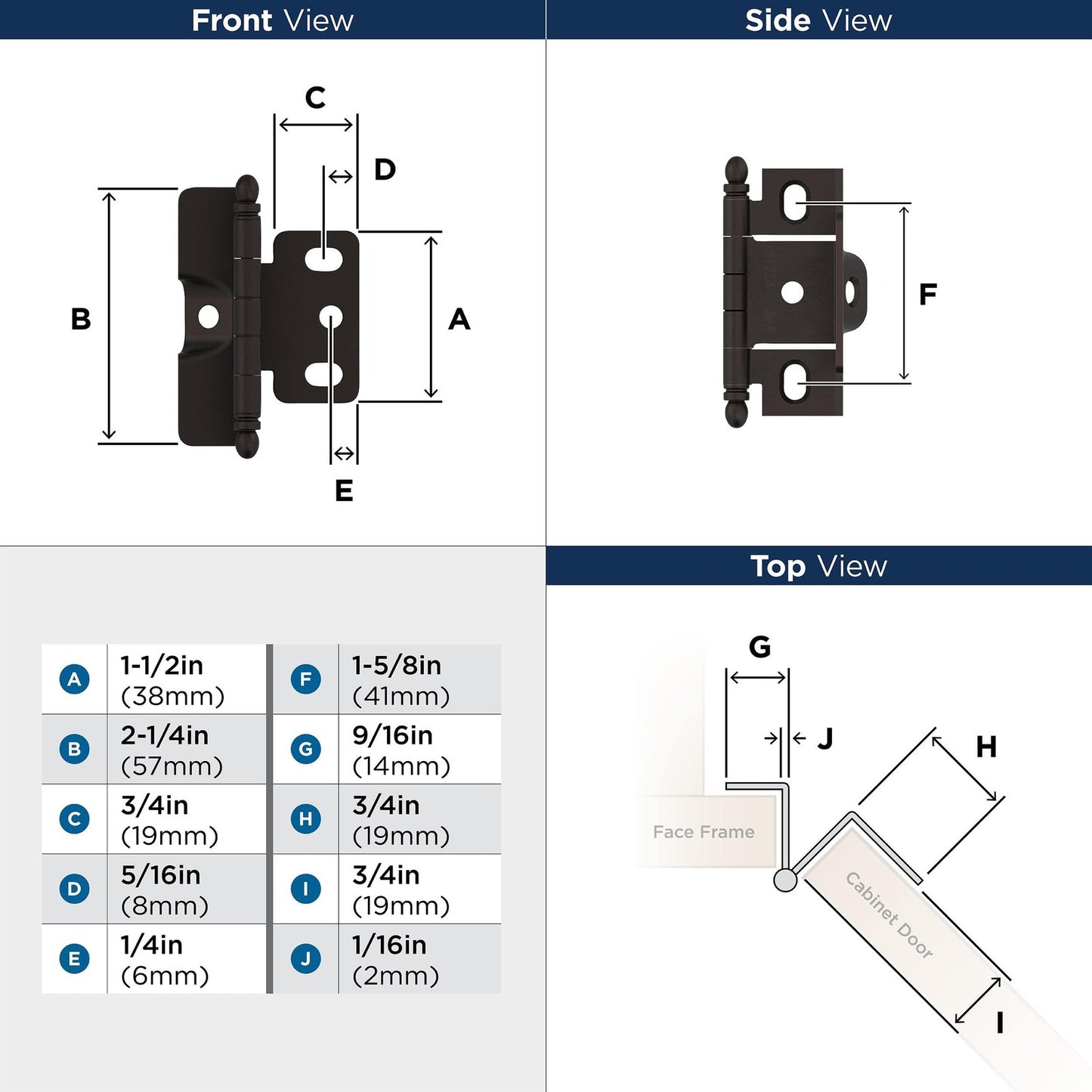 Amerock PK3175TBORB Cabinet door Hinge 3/4" Door Thickness Oil Rubbed Bronze