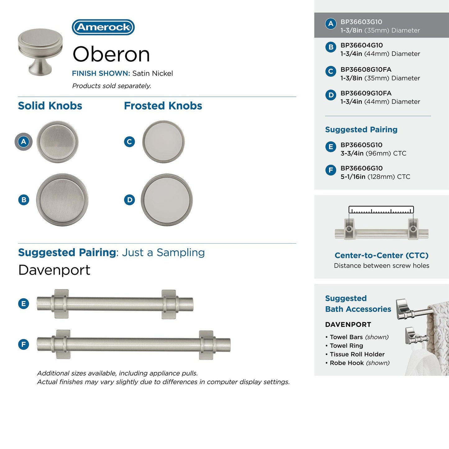 Amerock BP36603G10 Oberon Cabinet Knob Satin Nickel 1-3/8" Diameter