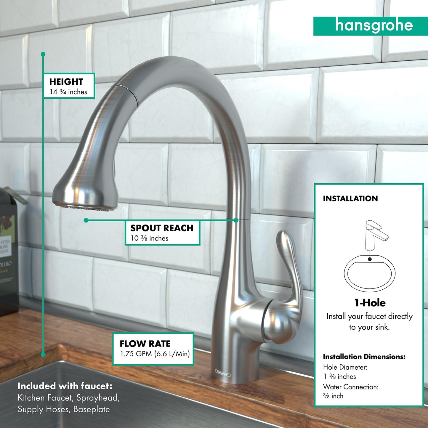 Hansgrohe Allegro E Gourmet Stainless Steel Kitchen Faucet Pull Down SS 04066860