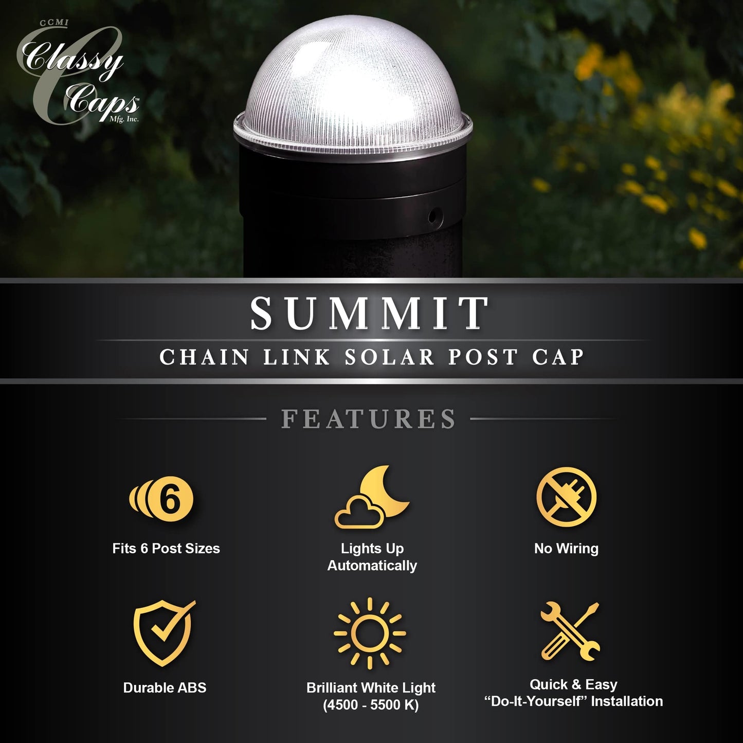 Classy Caps CH2233B Summit Chain Link Solar Post Cap, Black-LED White Light