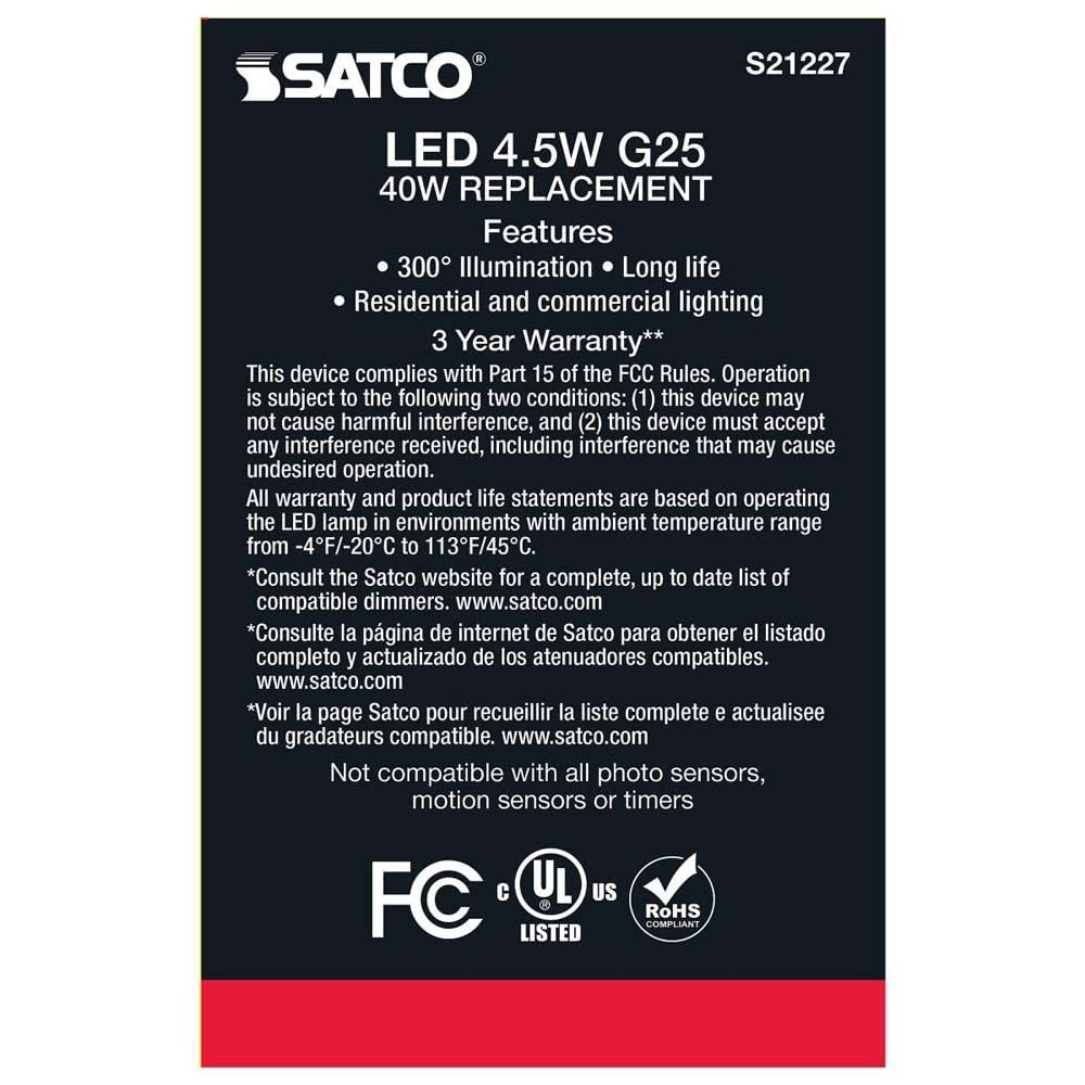 Satco S21227 4.5w G25 Globe Filament LED 3000K Medium Base Dimmable - 2 Pack