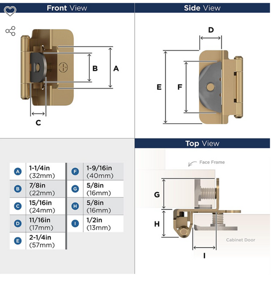 Amerock-1/2" Overlay Double Demountable Cabinet Hinge (Pair) Champagne Bronze