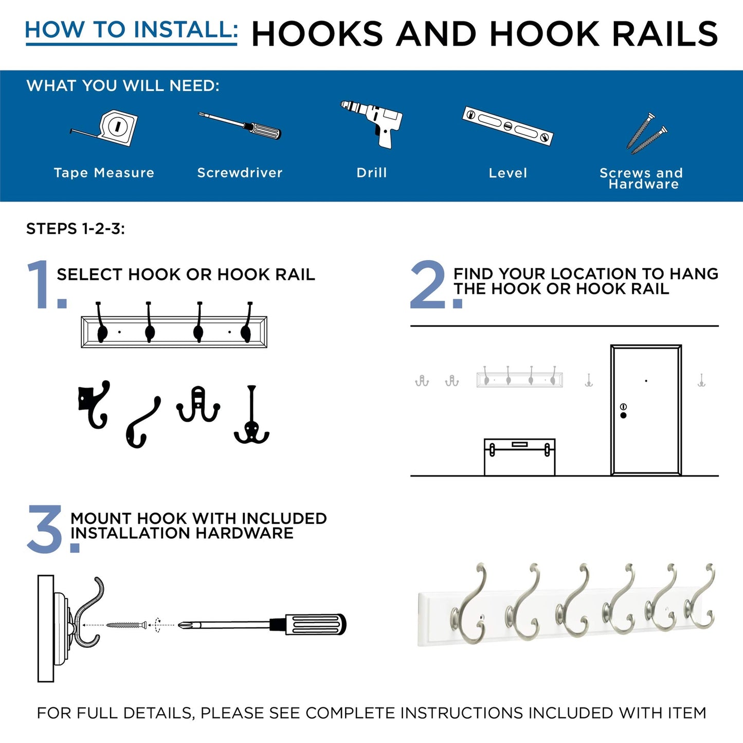 Franklin Brass 20' Coat/Hat Rack Wall Mount White Steel with 6 Hooks FBSSMR6-W-R