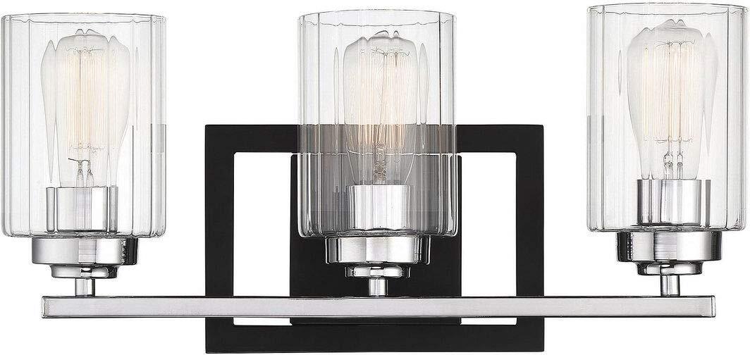 Savoy House 8-2154-3-67 Redmond Clear Ribbed Bathroom Vanity Light Black&Chrome
