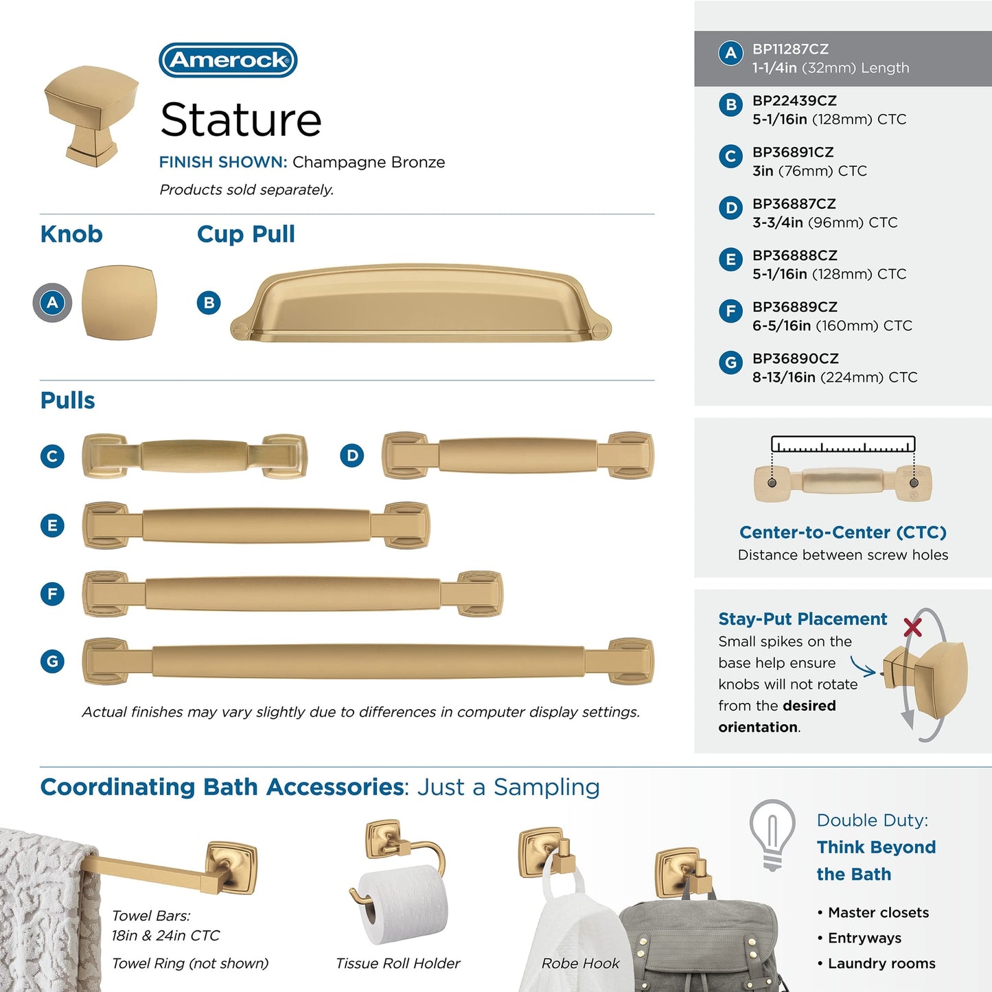 Amerock | Cabinet Knob | Champagne Bronze | 1-1/4 inch (32 mm) Length | Stature