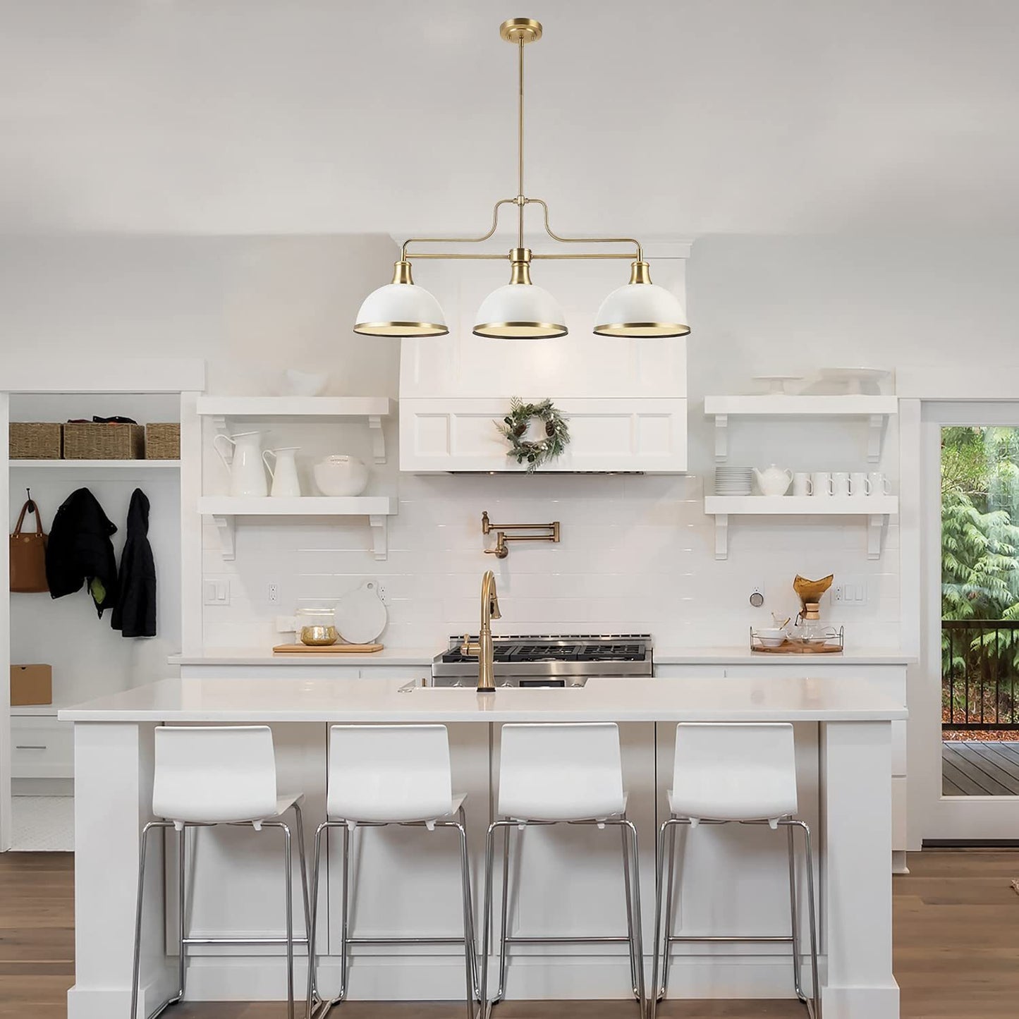 Globe 60885 Beckett 3-Light Linear Chandelier, Matte White, Matte Brass Accents