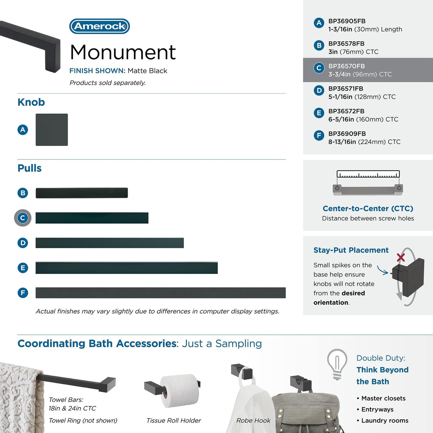 Amerock BP36570FB Cabinet Pull Matte Black 3-3/4" C2C Monument