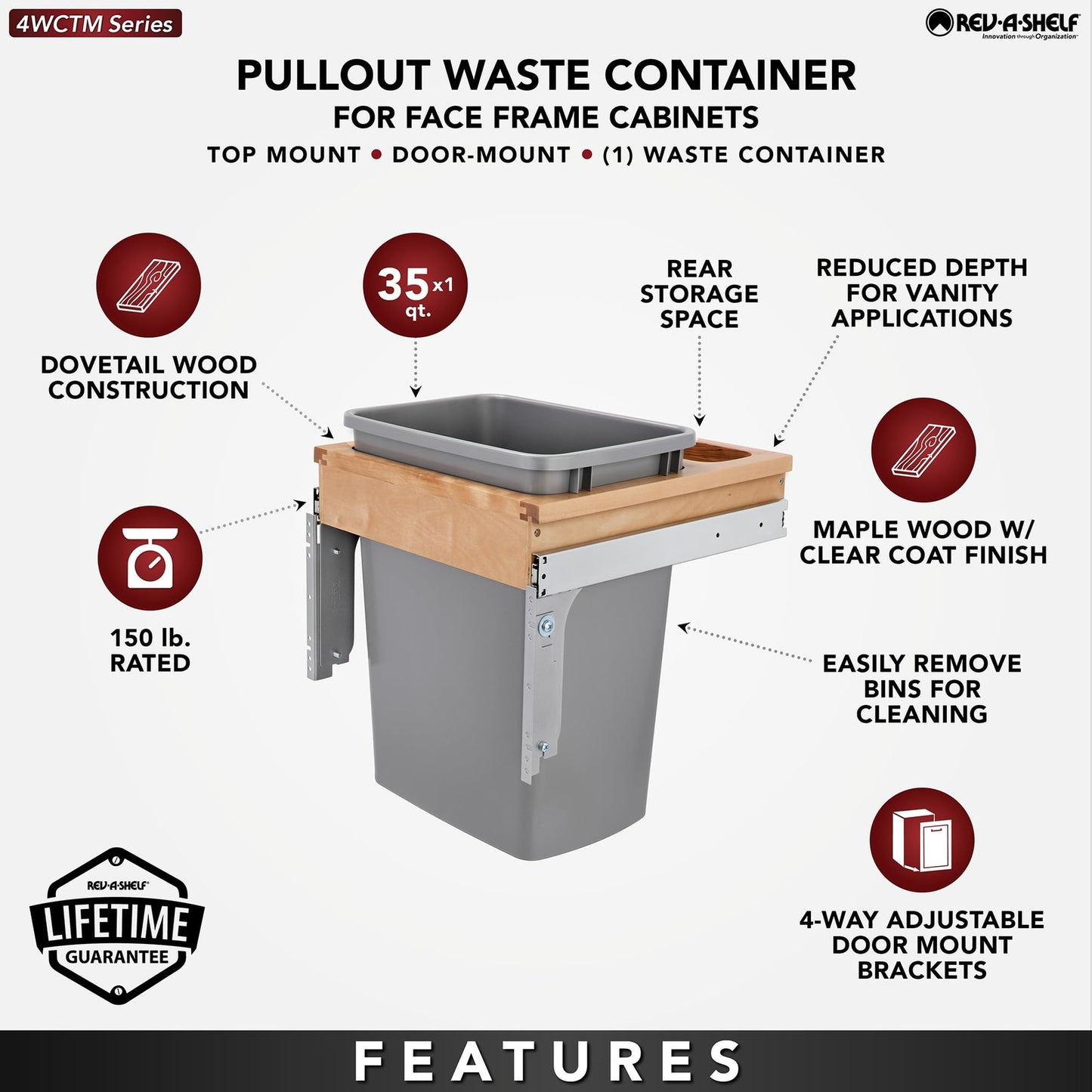 Rev-A-Shelf Single Pullout Trash Can 35 Qt , Silver, 4WCTM-1816DM-1
