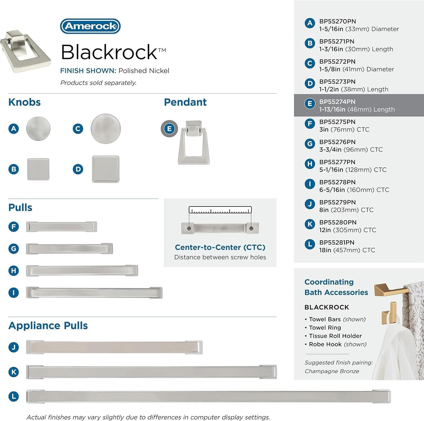 Amerock BP55274PN Blackrock Cabinet Pendant Polished Nickel 1-13/16" Length
