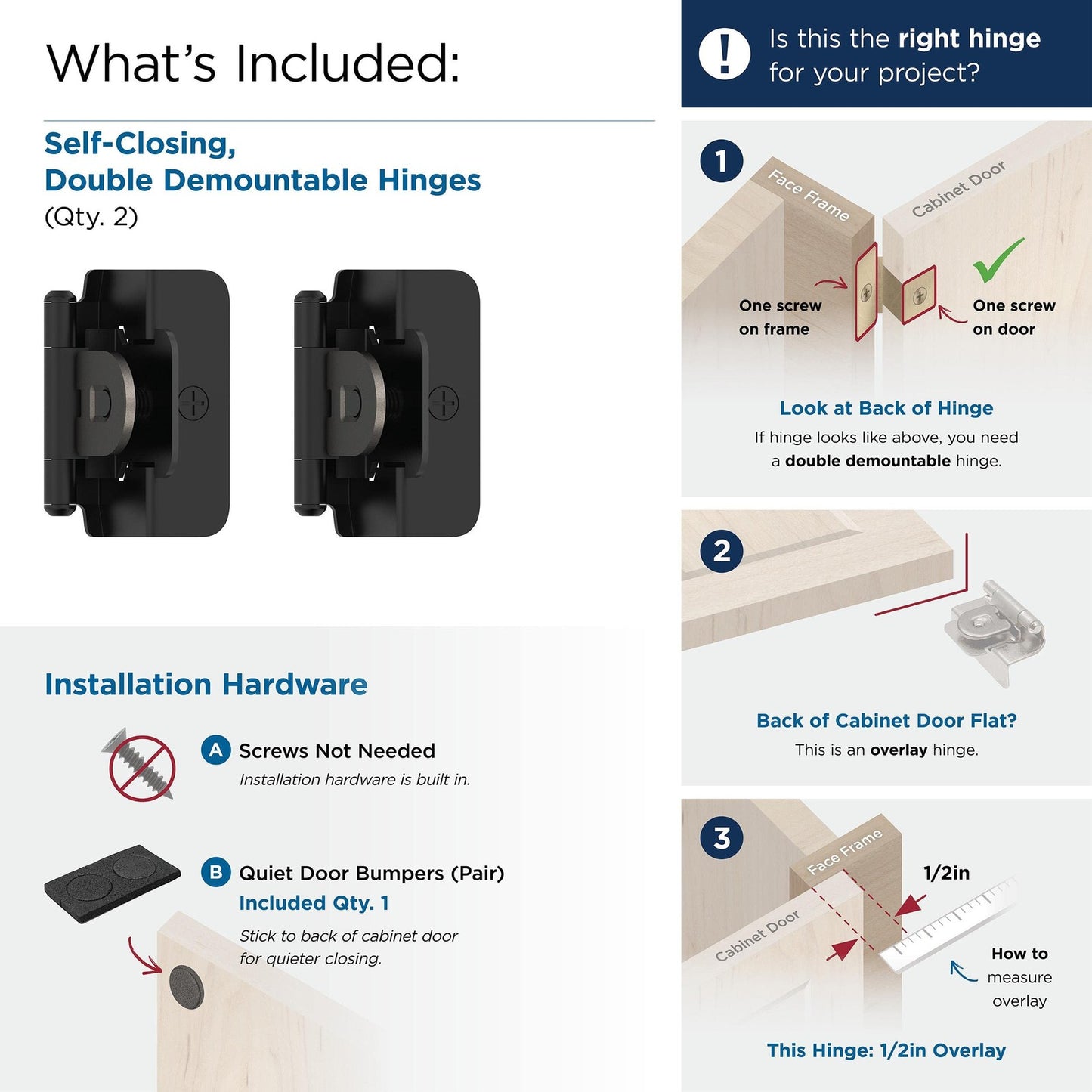 Amerock BPR8704FB Cabinet Hinge 1/2" Overlay Double Demountable Matte Black Pair
