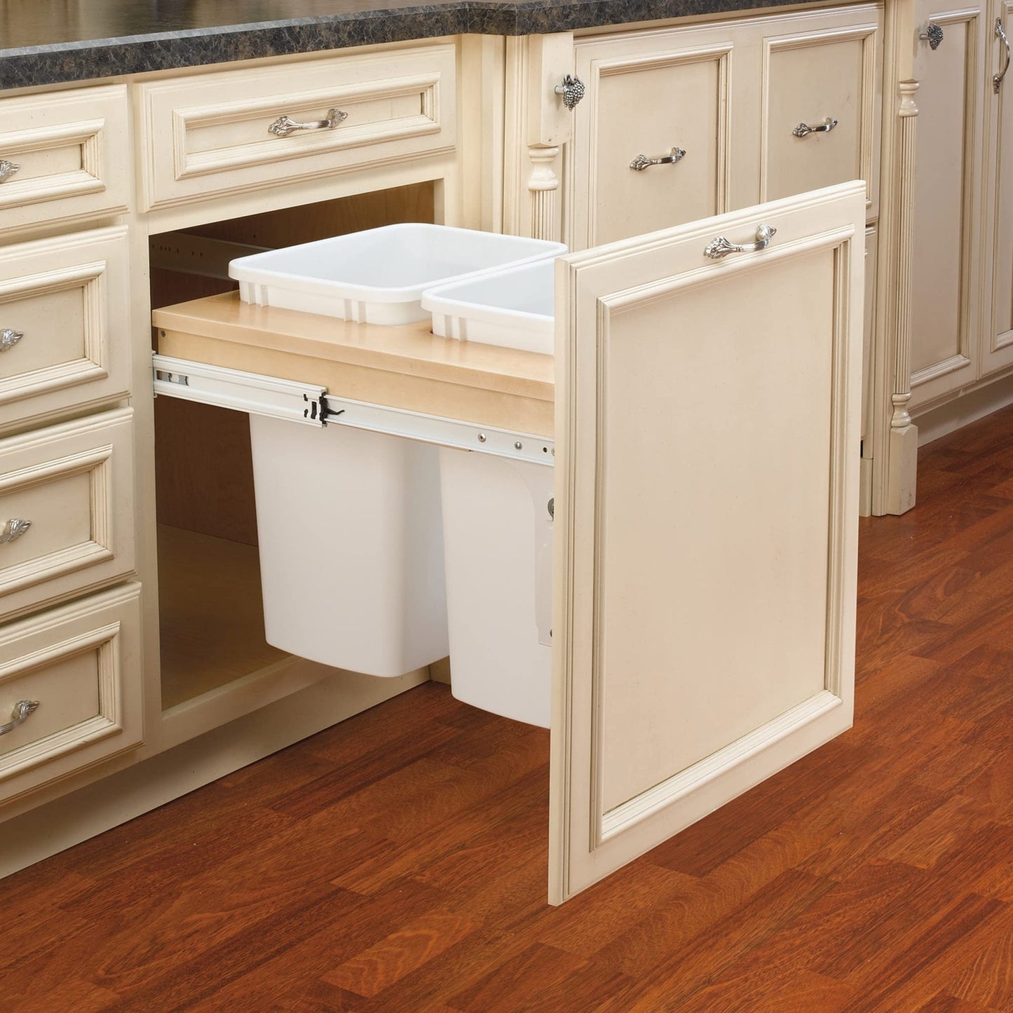 Rev-A-Shelf Double Pullout Trash Can for Base Kitchen Bathroom Cabinets, White