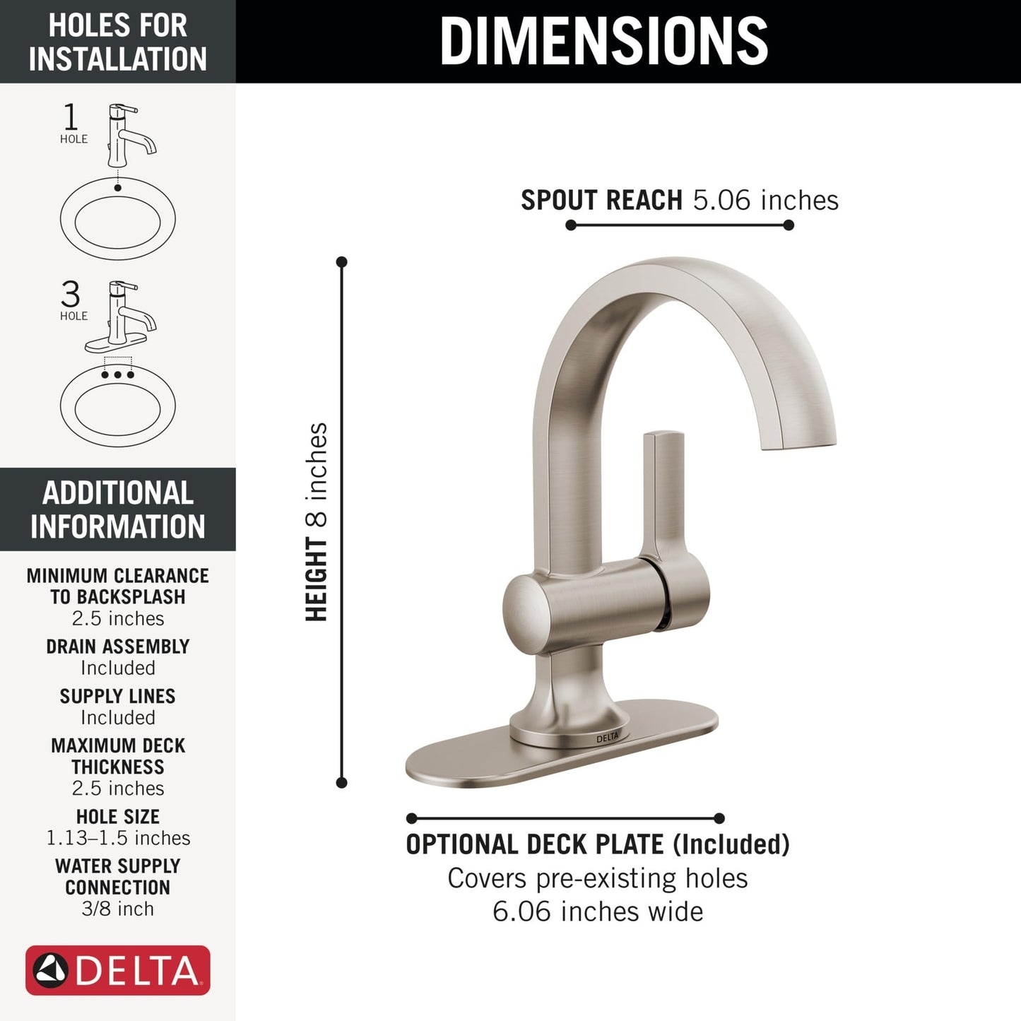 Delta Albion Brushed Nickel Bathroom Faucet 1 Hole Push-Pop Drain 15855LF-SP